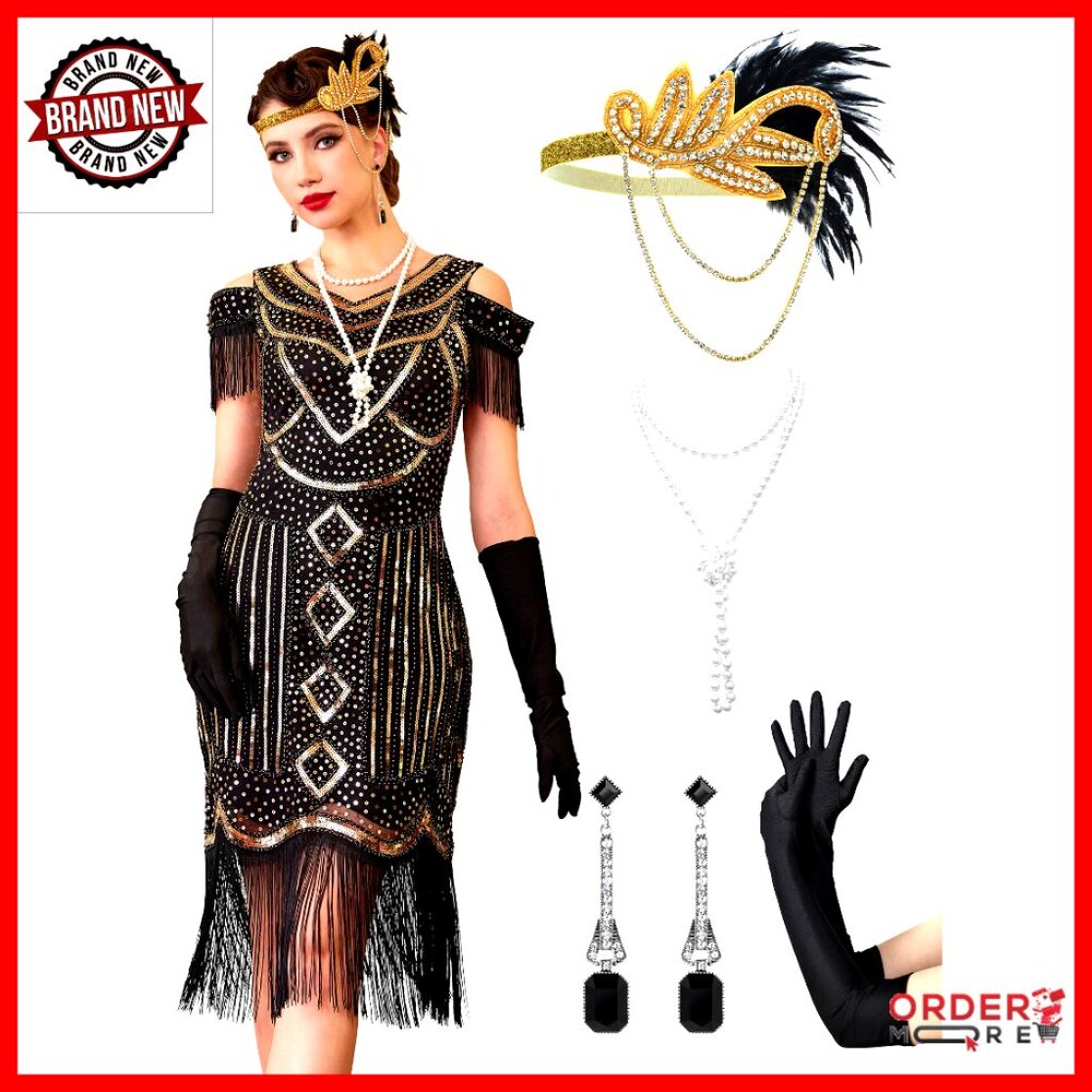Vintage 1920s Fringe Dress With Sequins And Beads, Accessories Set Included